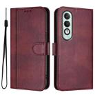 For OPPO K12x 5G Global Line Splicing Buckle Retro Leather Phone Case(Wine Red) - 2