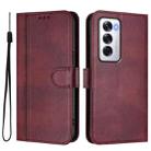 For OPPO Reno12 5G Global Line Splicing Buckle Retro Leather Phone Case(Wine Red) - 2