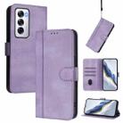 For OPPO Reno12 5G Global Line Splicing Buckle Retro Leather Phone Case(Purple) - 1