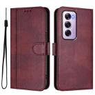For OPPO Reno12 Pro 5G Global Line Splicing Buckle Retro Leather Phone Case(Wine Red) - 2