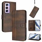 For OPPO Reno12 Pro 5G Global Line Splicing Buckle Retro Leather Phone Case(Brown) - 1