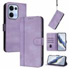 For OPPO Reno13 5G Global Line Splicing Buckle Retro Leather Phone Case(Purple) - 1