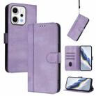For OPPO Reno14 Global Line Splicing Buckle Retro Leather Phone Case(Purple) - 1