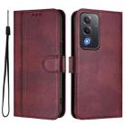 For OPPO A5 5G Global Line Splicing Buckle Retro Leather Phone Case(Wine Red) - 2