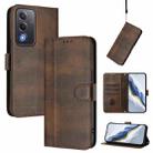 For OPPO A5 5G Global Line Splicing Buckle Retro Leather Phone Case(Brown) - 1