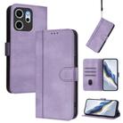 For OPPO Reno14 F 5G Line Splicing Buckle Retro Leather Phone Case(Purple) - 1