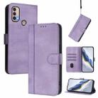 For Motorola Moto E40 / E30 / E20 Line Splicing Buckle Retro Leather Phone Case(Purple) - 1