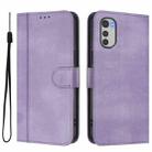 For Motorola Moto E32 4G Global Line Splicing Buckle Retro Leather Phone Case(Purple) - 2