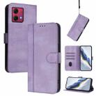For Motorola Moto G84 5G Line Splicing Buckle Retro Leather Phone Case(Purple) - 1