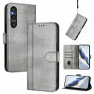 For Sony Xperia 1 V 2023 Line Splicing Buckle Retro Leather Phone Case(Grey) - 1