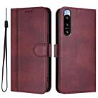 For Sony Xperia 5 IV Line Splicing Buckle Retro Leather Phone Case(Wine Red) - 2