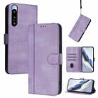 For Sony Xperia 5 IV Line Splicing Buckle Retro Leather Phone Case(Purple) - 1