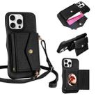 For iPhone 16 Pro Litchi Texture Horizontal Card Bag Holder Phone Case with Long Lanyard(Black) - 1