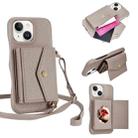 For iPhone 15 Plus Litchi Texture Horizontal Card Bag Holder Phone Case with Long Lanyard(Grey) - 1