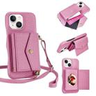 For iPhone 15 Litchi Texture Horizontal Card Bag Holder Phone Case with Long Lanyard(Pink) - 1