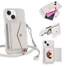 For iPhone 15 Litchi Texture Horizontal Card Bag Holder Phone Case with Long Lanyard(White) - 1