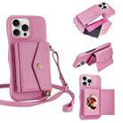 For iPhone 14 Pro Litchi Texture Horizontal Card Bag Holder Phone Case with Long Lanyard(Pink) - 1