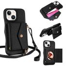 For iPhone 14 Plus Litchi Texture Horizontal Card Bag Holder Phone Case with Long Lanyard(Black) - 1