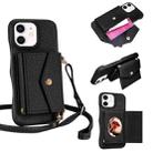 For iPhone 12 / 12 Pro Litchi Texture Horizontal Card Bag Holder Phone Case with Long Lanyard(Black) - 1