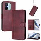 For Redmi 11A 4G Global Line Splicing Buckle Retro Leather Phone Case(Wine Red) - 1