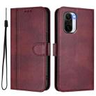 For Redmi K40 / K40 Pro Line Splicing Buckle Retro Leather Phone Case(Wine Red) - 2