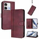 For Redmi Note 13 5G Global Line Splicing Buckle Retro Leather Phone Case(Wine Red) - 1