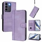 For vivo V27e 4G / T2 4G Global Line Splicing Buckle Retro Leather Phone Case(Purple) - 1