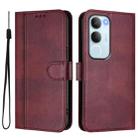 For vivo Y19s 4G Global Line Splicing Buckle Retro Leather Phone Case(Wine Red) - 2