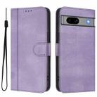 For Google Pixel 7a Line Splicing Buckle Retro Leather Phone Case(Purple) - 2