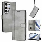 For Samsung Galaxy S24 Ultra 5G Line Splicing Buckle Retro Leather Phone Case(Grey) - 1