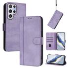 For Samsung Galaxy S22 Ultra 5G Line Splicing Buckle Retro Leather Phone Case(Purple) - 1