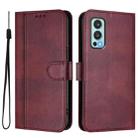 For OnePlus Nord 2 5G Line Splicing Buckle Retro Leather Phone Case(Wine Red) - 2