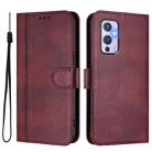 For OnePlus 9 Line Splicing Buckle Retro Leather Phone Case(Wine Red) - 2