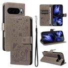 For Google Pixel 10 / 10 Pro Global Cat and Bee Embossed Flip Leather Phone Case(Grey) - 1