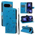For Google Pixel 10 / 10 Pro Global Cat and Bee Embossed Flip Leather Phone Case(Blue) - 1
