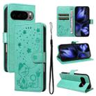 For Google Pixel 10 / 10 Pro Global Cat and Bee Embossed Flip Leather Phone Case(Green) - 1