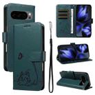 For Google Pixel 10 / 10 Pro Global Adorable Cat Embossed Pattern Flip Leather Phone Case(Dark Green) - 1