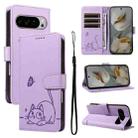 For Google Pixel 10 Pro XL 5G Global Adorable Cat Embossed Pattern Flip Leather Phone Case(Purple) - 1