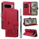 For Google Pixel 10 Pro XL 5G Global Adorable Cat Embossed Pattern Flip Leather Phone Case(Red) - 1