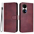 For Huawei P50 Line Splicing Buckle Retro Leather Phone Case(Wine Red) - 2