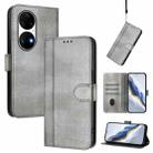 For Huawei P50 Pro Line Splicing Buckle Retro Leather Phone Case(Grey) - 1