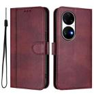 For Huawei P50 Pro Line Splicing Buckle Retro Leather Phone Case(Wine Red) - 2