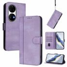 For Huawei P50 Pro Line Splicing Buckle Retro Leather Phone Case(Purple) - 1