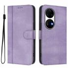 For Huawei P50 Pro Line Splicing Buckle Retro Leather Phone Case(Purple) - 2
