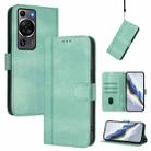 For Huawei P60 / P60 Pro Line Splicing Buckle Retro Leather Phone Case(Mint Green) - 1