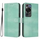 For Huawei P60 / P60 Pro Line Splicing Buckle Retro Leather Phone Case(Mint Green) - 2