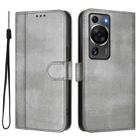 For Huawei P60 / P60 Pro Line Splicing Buckle Retro Leather Phone Case(Grey) - 2