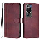 For Huawei P60 / P60 Pro Line Splicing Buckle Retro Leather Phone Case(Wine Red) - 2