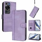 For Huawei P60 / P60 Pro Line Splicing Buckle Retro Leather Phone Case(Purple) - 1