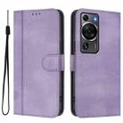 For Huawei P60 / P60 Pro Line Splicing Buckle Retro Leather Phone Case(Purple) - 2